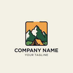 Camping adventure logo featuring mountains and tent in nature.