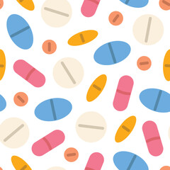 seamless pattern with colorful pills, tablets, and capsules;  medical and pharmacy concept- vector illustration
