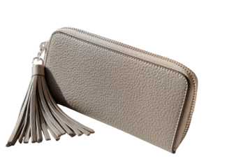 Light taupe leather zip-around wallet with tassel