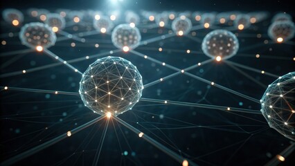 A futuristic digital network visual, featuring interconnected spheres and glowing lines against a dark background, representing technology and connectivity.