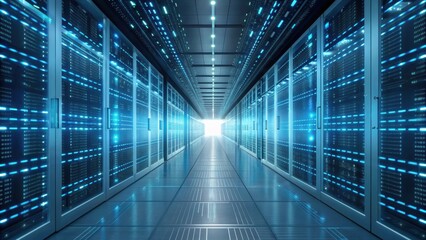 Fototapeta premium A futuristic data center corridor lined with illuminated server racks, showcasing advanced technology and a bright exit at the end.