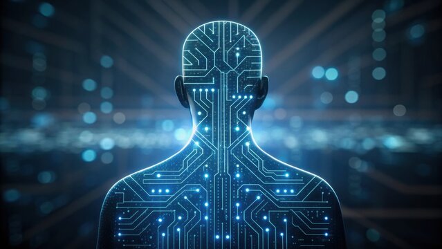 A silhouette of a human figure, adorned with glowing circuit patterns, symbolizing the fusion of technology and humanity. - Powered by Adobe