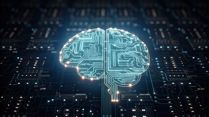 A digital representation of a brain with circuit patterns, symbolizing artificial intelligence and the fusion of technology and human cognition.