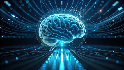 A vivid, digital representation of a brain surrounded by dynamic blue light particles, symbolizing intelligence and technology.