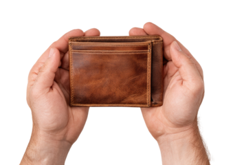 Brown leather wallet held in hands.  Close-up, top view