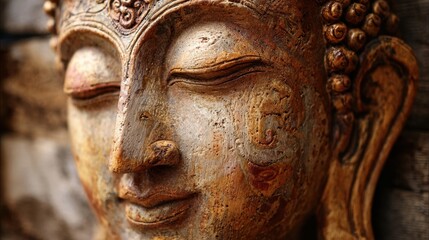 A beautifully crafted Buddha sculpture displays intricate details and warm colors radiating peace.