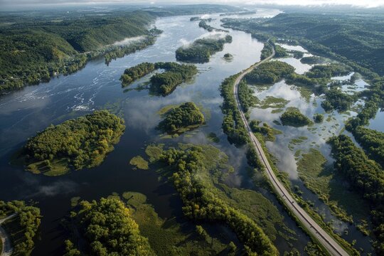 Aerial view of a wide river with islands, road, and lush green trees - Powered by Adobe