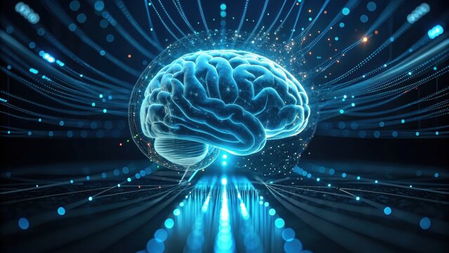 A vivid, digital representation of a brain surrounded by dynamic blue light particles, symbolizing intelligence and technology.