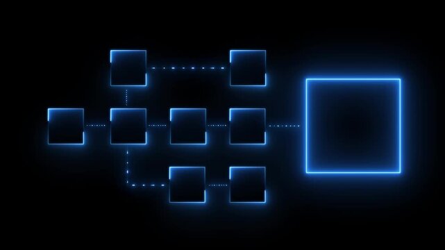 Business goal achievement, workflow and process automation flowchart. Wooden cubes representing work process management and target icon on Motion graphics of neon block box concept.