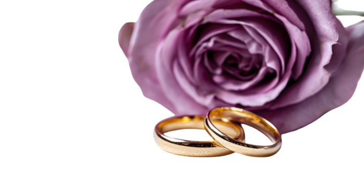 Delicate gold wedding rings rest gently beside a vibrant purple rose