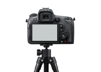 Rear view of a DSLR camera mounted on a tripod, against a black background.  The camera's LCD screen is blank