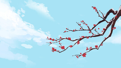 Light Blue and Red Illustrated Tree and Sky Wallpaper 