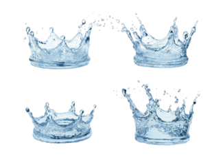 Four water splash crowns on a black background