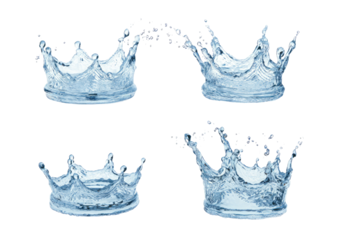 Four water splash crowns on a black background