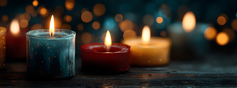 Advent Candles Burning In The Dark With Abstract Defocused Lights