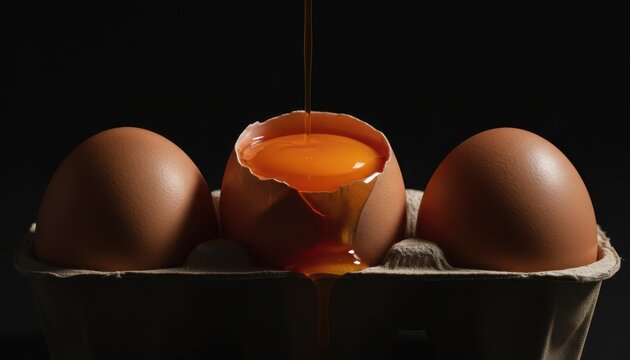 Fresh brown eggs in a carton, with one cracked open and golden yolk pouring into it against a dark background