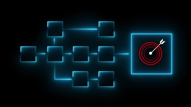 Business goal achievement, workflow and process automation flowchart. Wooden cubes representing work process management and target icon on Motion graphics of neon block box concept.