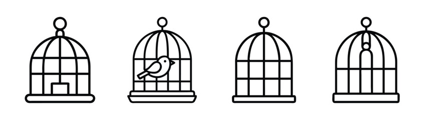 Birdcage vector illustration set, outline drawing of bird cages, pet shop design elements, line art