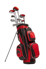 Red and black golf club set in a golf bag, standing upright on a black background