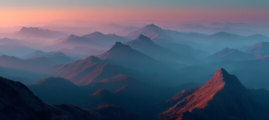 Serene mountain landscape at sunrise with misty blue and pink tones