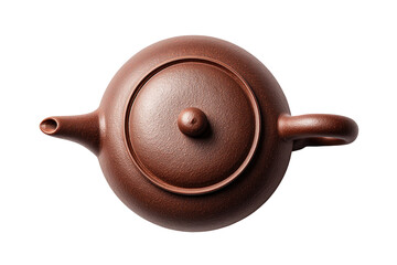 Overhead view of a dark-red clay teapot.  Rounded body,  lid, and handle.  Smooth, textured surface.  Small spout