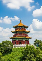 Fototapeta premium Tower of Buddhist Fragrance, Beijing, China, Exquisite Yellow Rooftop and Intricate Design
