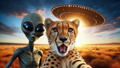 An alien and a cheetah are taking a selfie in a vast desert. The sun is setting behind them, and a UFO hovers in the background, illuminating the scene with a glow.