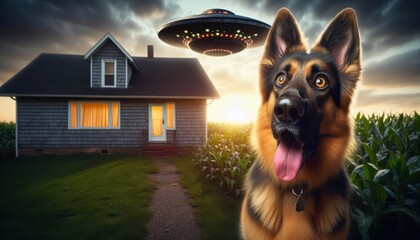 A german shepherd is in front of a simple house surrounded by green cornfields. A UFO is hovering above as the sun sets, creating an unusual and captivating scene.