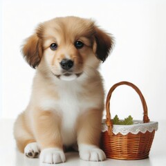 A fluffy puppy sits calmly beside a small woven basket filled with green leaves. The background is bright, creating a cheerful and warm atmosphere. The puppy looks friendly and curious.