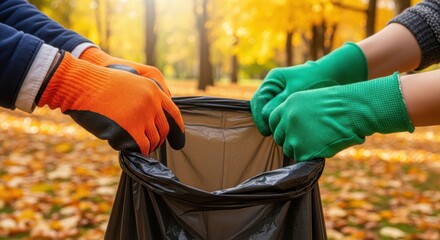 People Collect Garbage in Black Bag on Autumn Leaves Background for Environmental Awareness Campaigns, Community Cleanup Projects, Recycling Programs, and Conservation Education
