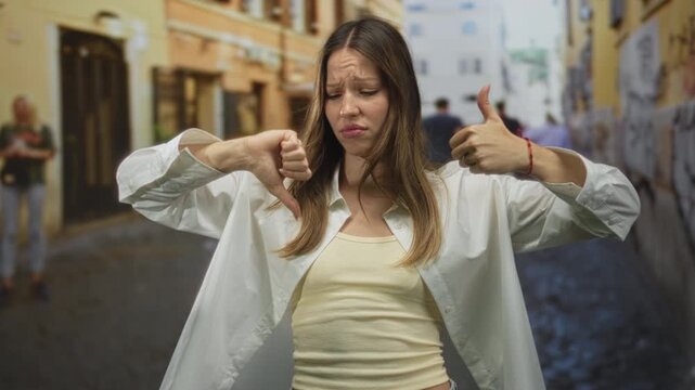 Young woman in a white shirt showing thumbs up and thumbs down with a puzzled facial expression on a narrow city street; ambivalence.