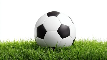 A classic black and white soccer ball sits on lush green grass ready for an exciting match ahead.