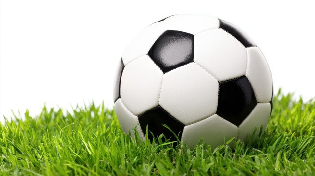A soccer ball sits on fresh green grass ready for action during a lively match in the afternoon sun.