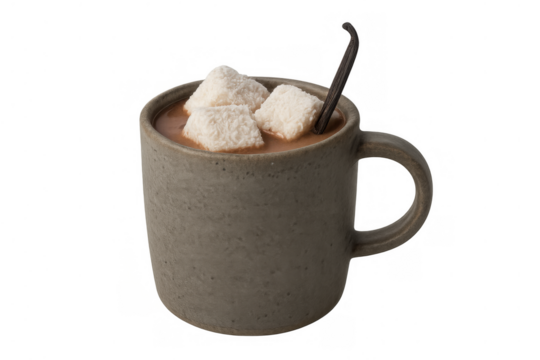 Warm hot chocolate in a rustic mug, topped with melting marshmallows and a vanilla bean, transparent background