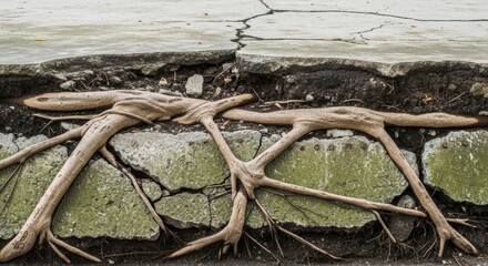 Tree Roots Breaking Concrete Pavement Representing Infrastructure Damage for Environmental Blogs, Construction Websites, Urban Planning Articles, and Landscape Design Presentations