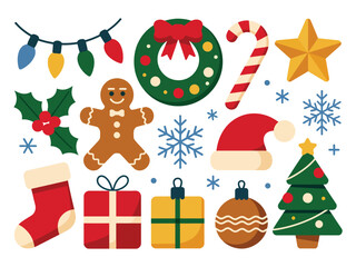 A collection of festive Christmas decorations including a gingerbread man, wreath, stocking, and tree.