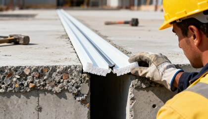 Skilled laborer carefully positioning preformed foam strip expansion joint between concrete sections for seamless installation
