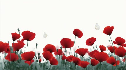 Obraz premium A vibrant field of red poppies sways gently in the breeze. Soft white butterflies flutter above this colorful landscape. Ideal for nature lovers and artistic projects. AI