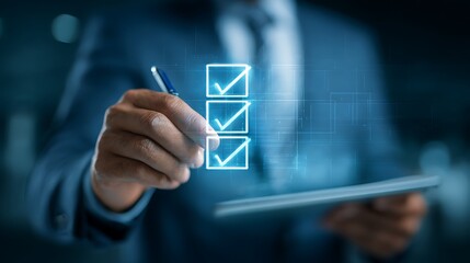 Professional businessman analyzing digital checklist on holographic screen, document validation and quality control concept, futuristic business interface, blue and white corporate tones