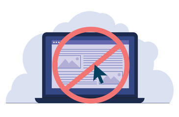 Banned website. Online Warning, laptop with forbidden sign on screen, security system, internet browser blocked message, control illegal content