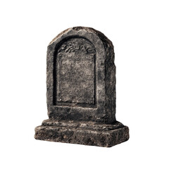A weathered, dark gray tombstone.  Its arching top and rectangular panel are detailed