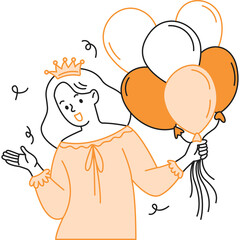 Illustration of a Joyful Woman Wearing a Crown Holding a Bunch of Orange and White Balloons Surrounded by Confetti on a Transparent Background