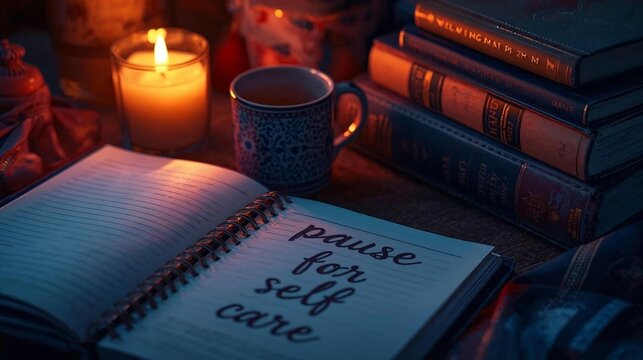 notebook writen "pause for self care" - generative ai