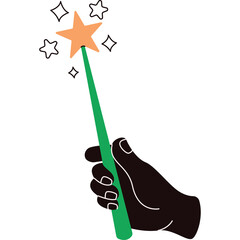 Illustration of a black hand holding a green magic wand with a glowing orange star emitting sparkles and stars against a white background