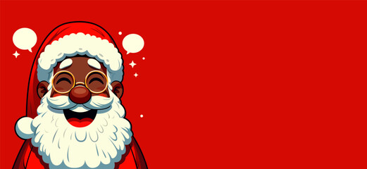 Christmas Santa Claus head for festive greeting card, holiday banner, poster, media design. Santa Claus face in cartoon style. Smiling Christmas character wearing glasses and red hat on red background