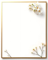 Obraz premium Vertical elegant template with a solid golden border framing a white background. Decorated with delicate white flowers and small branches in the top and bottom corners.