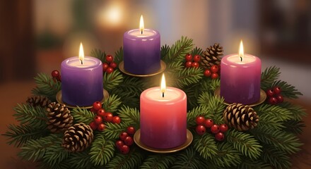 A traditional Advent wreath adorned with pinecones and red berries, holding three purple candles and one pink candle glowing softly, symbolizing the weeks of Advent in a warm indoor setting.