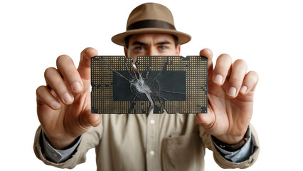 Caucasian man holds broken CPU with visible cracks on transparent background