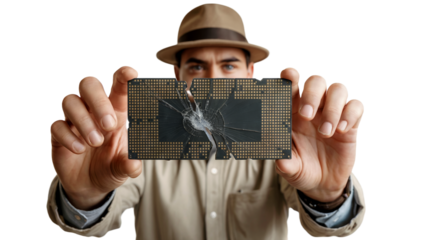 Caucasian man holds broken CPU with visible cracks on transparent background