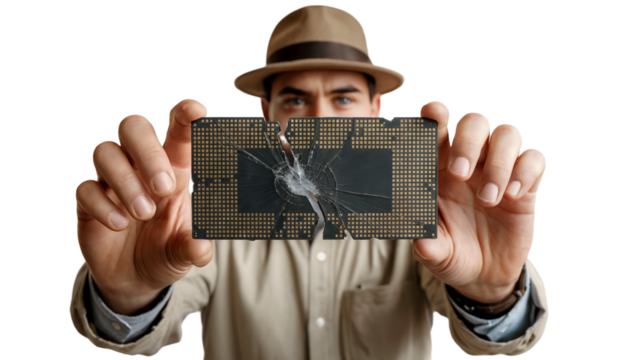 Caucasian man holds broken CPU with visible cracks on transparent background